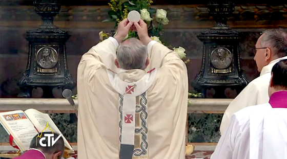 Pope Francis celebrates Mass in the Sistine Chapel ad orientem on January 12, 2014. Photo credit: CTV